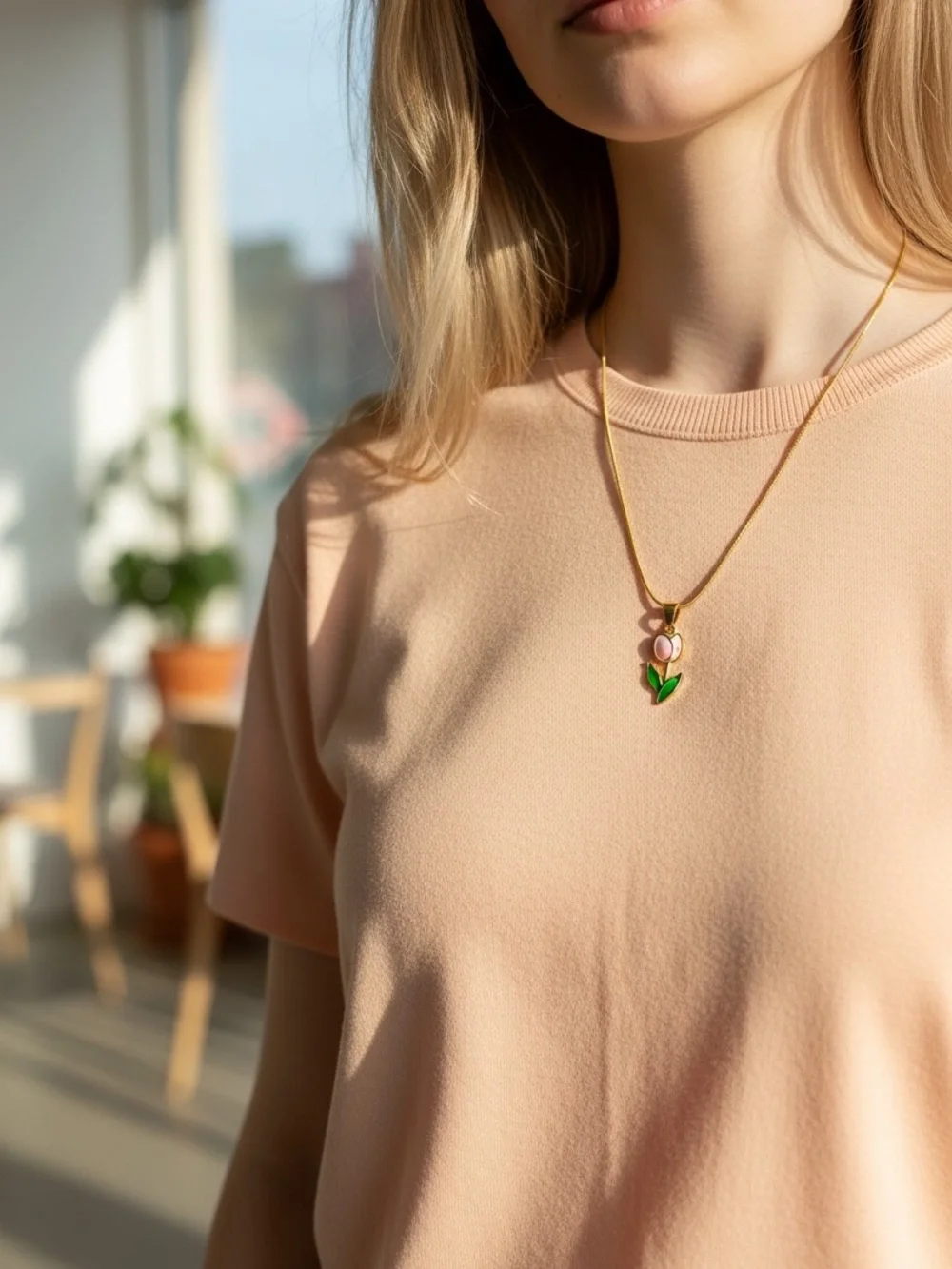 Tulip Pendant Necklace with Pink Flower and Green Leaves